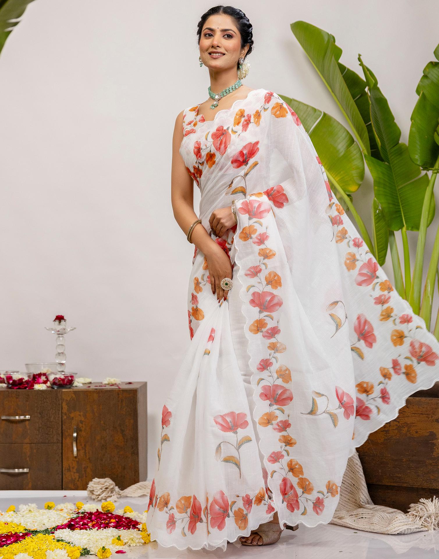 White Cotton Floral Printed Saree
