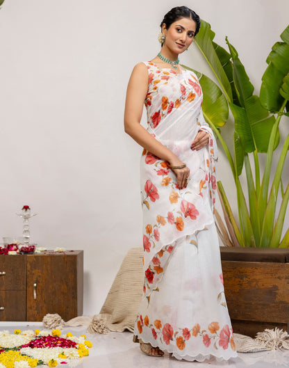 White Cotton Floral Printed Saree