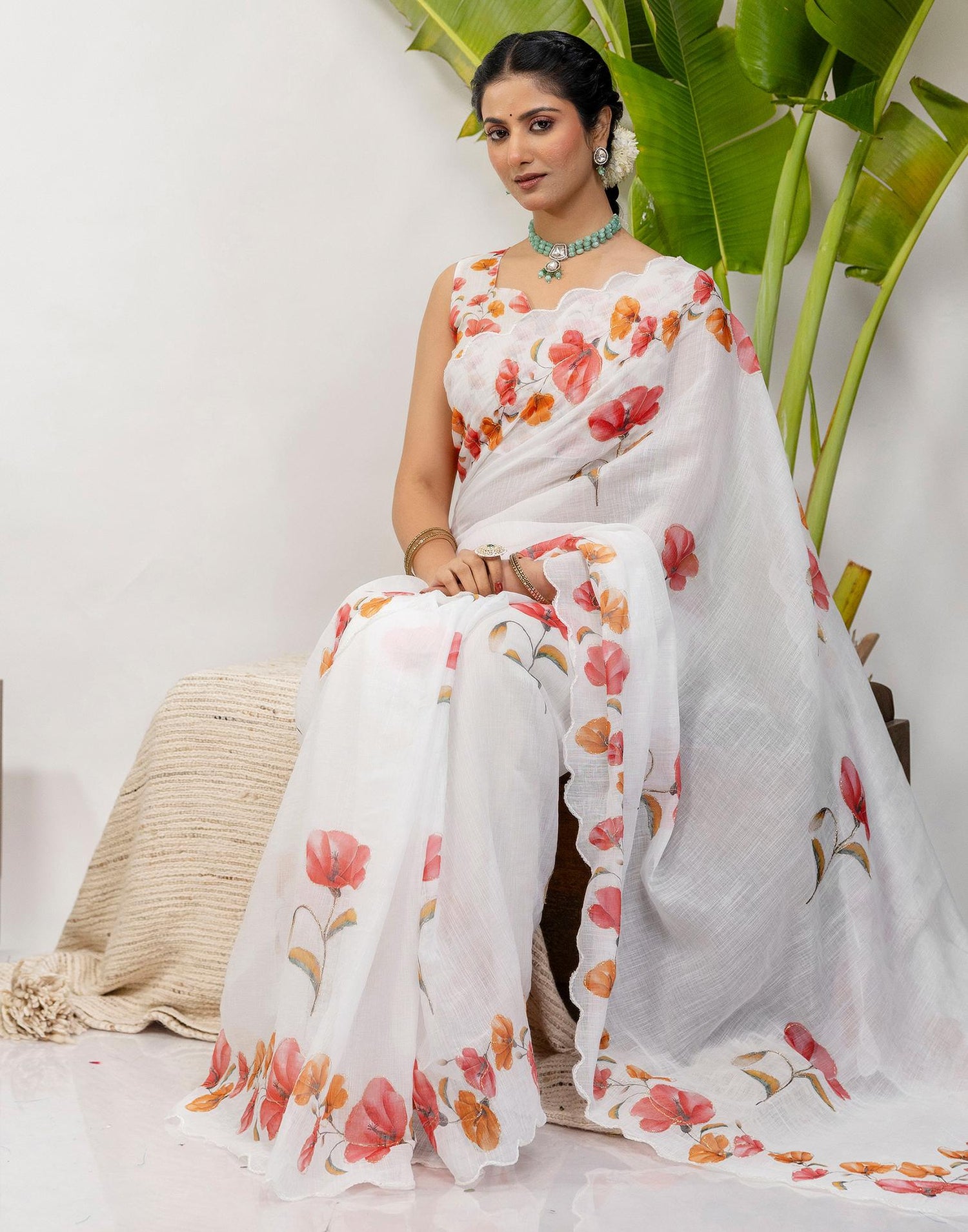 White Cotton Floral Printed Saree