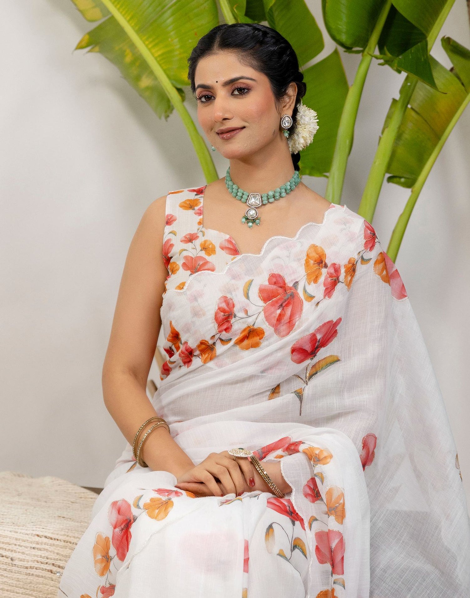 White Cotton Floral Printed Saree