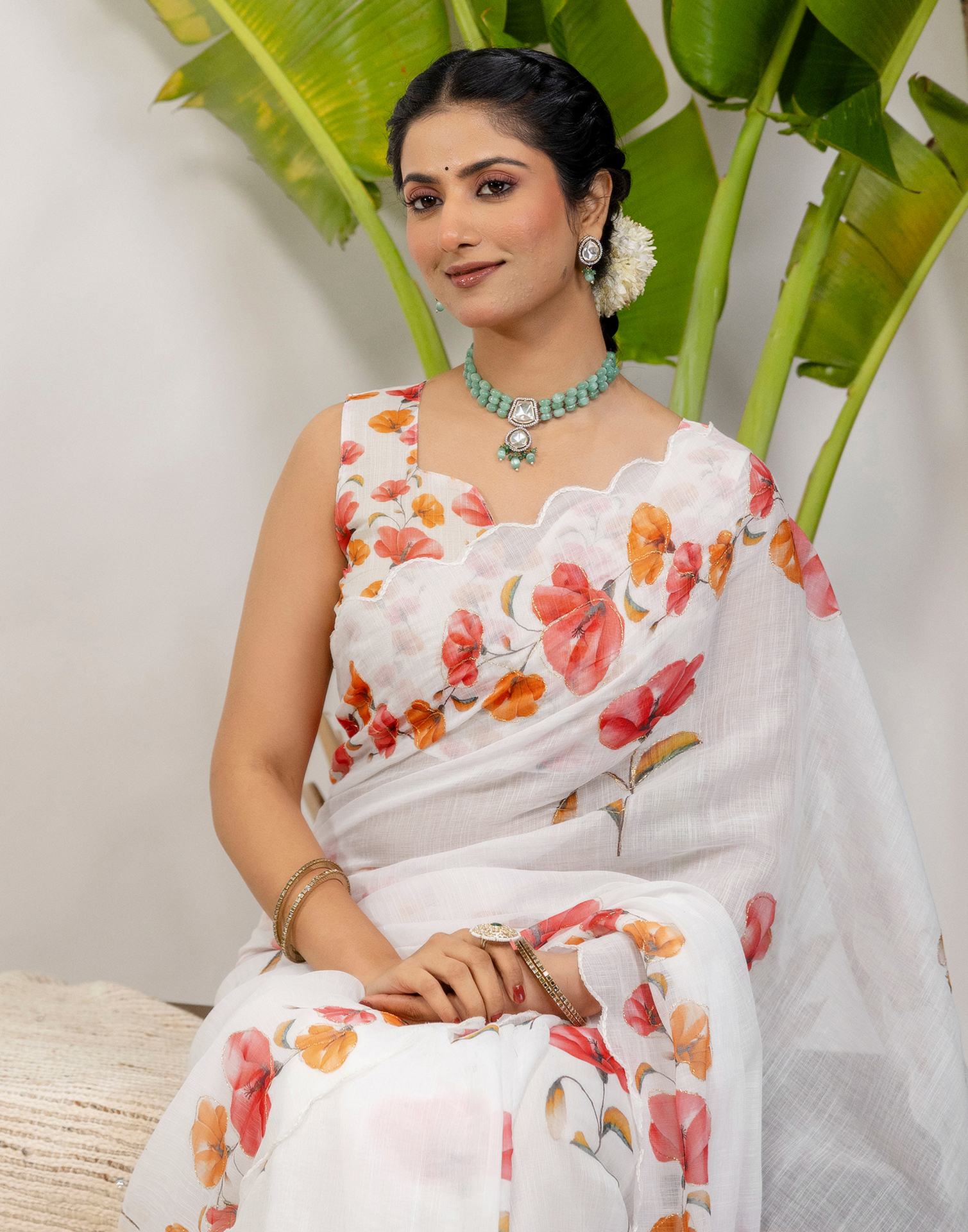 White Cotton Floral Printed Saree