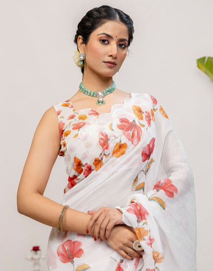 White Cotton Floral Printed Saree