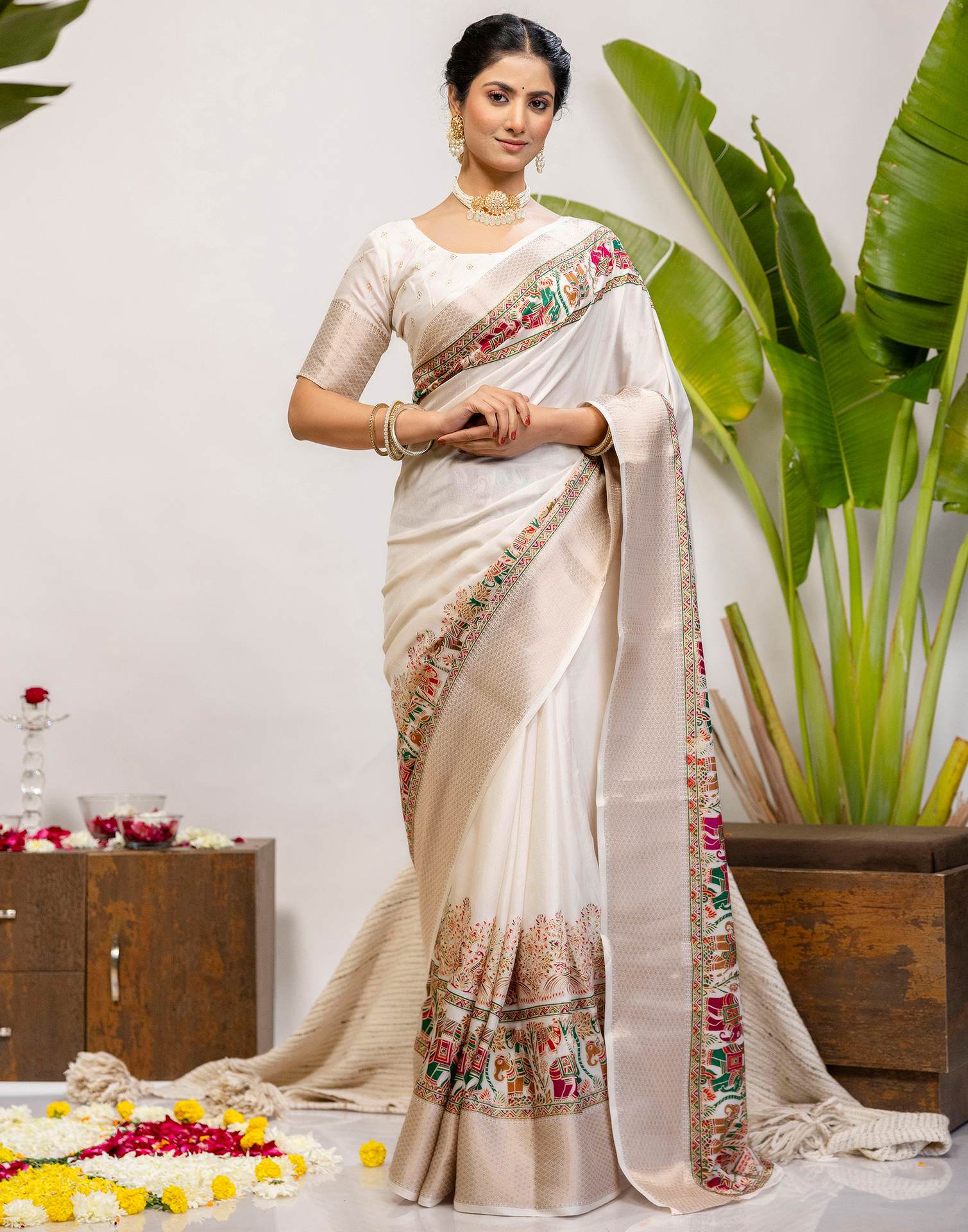 Off White Silk Printed Woven Saree