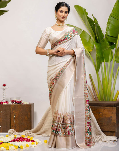 Off White Silk Printed Woven Saree
