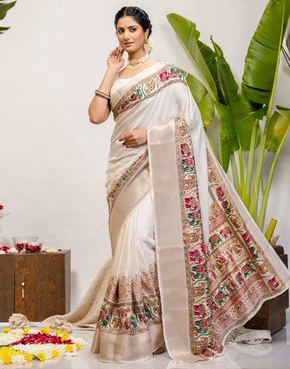 Off White Silk Printed Woven Saree