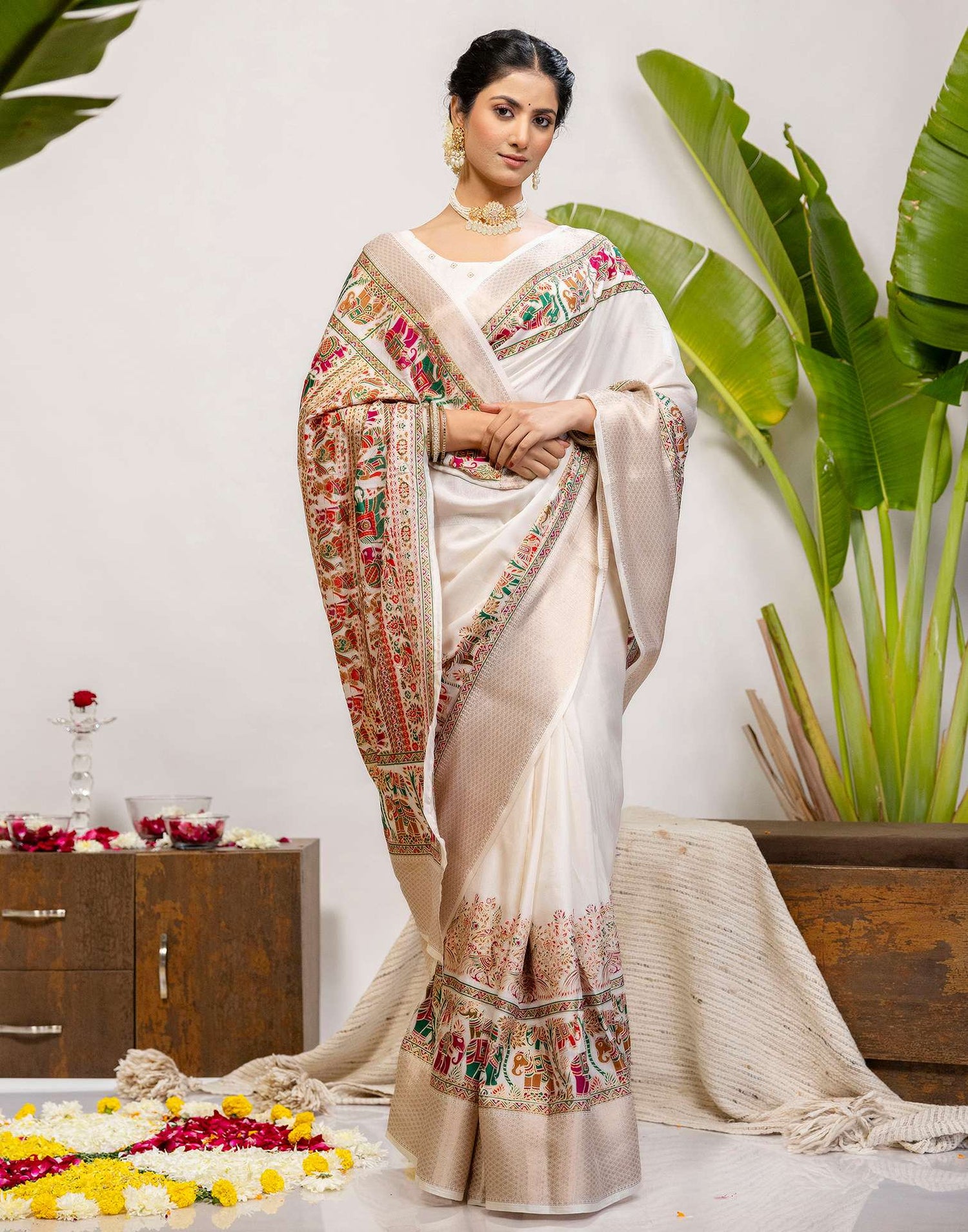 Off White Silk Printed Woven Saree