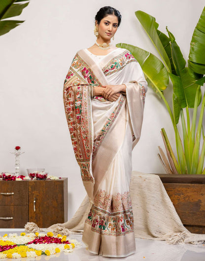 Off White Silk Printed Woven Saree