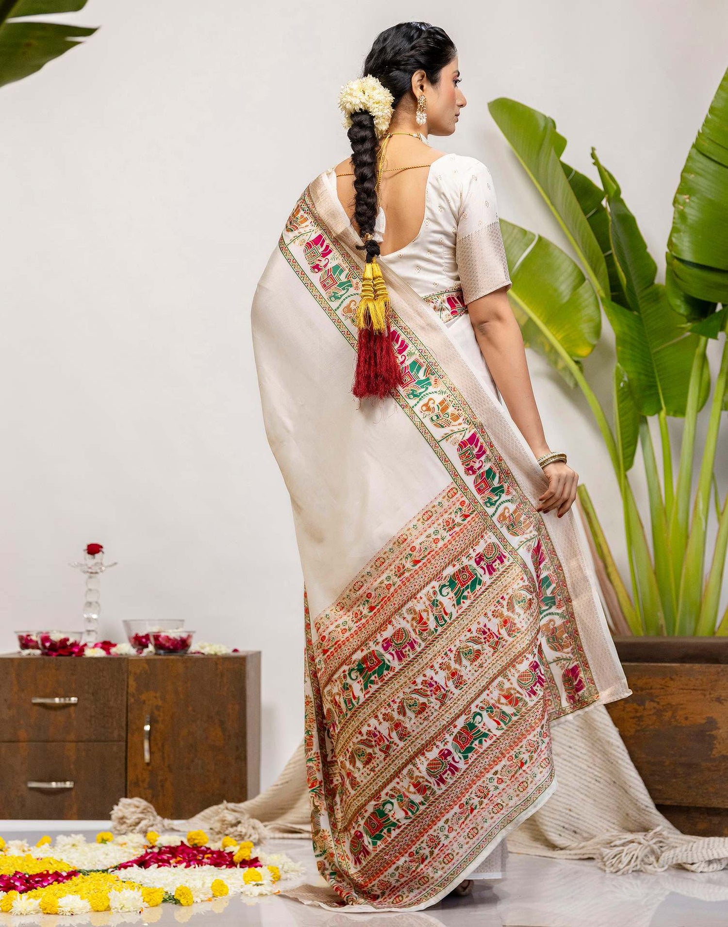 Off White Silk Printed Woven Saree