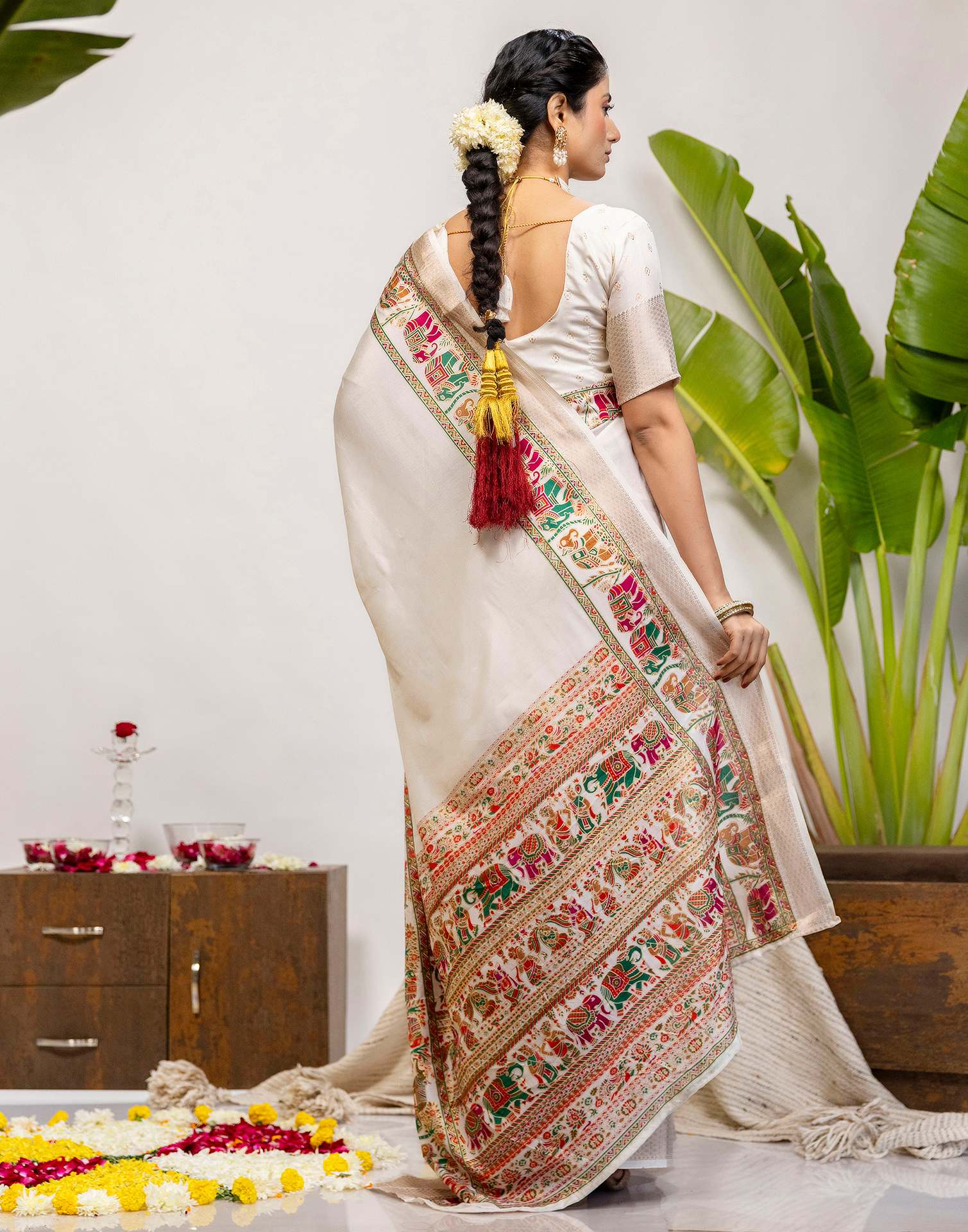 Off White Silk Printed Woven Saree