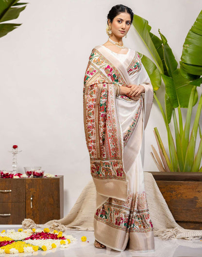 Off White Silk Printed Woven Saree