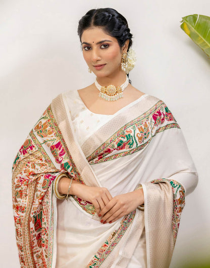 Off White Silk Printed Woven Saree