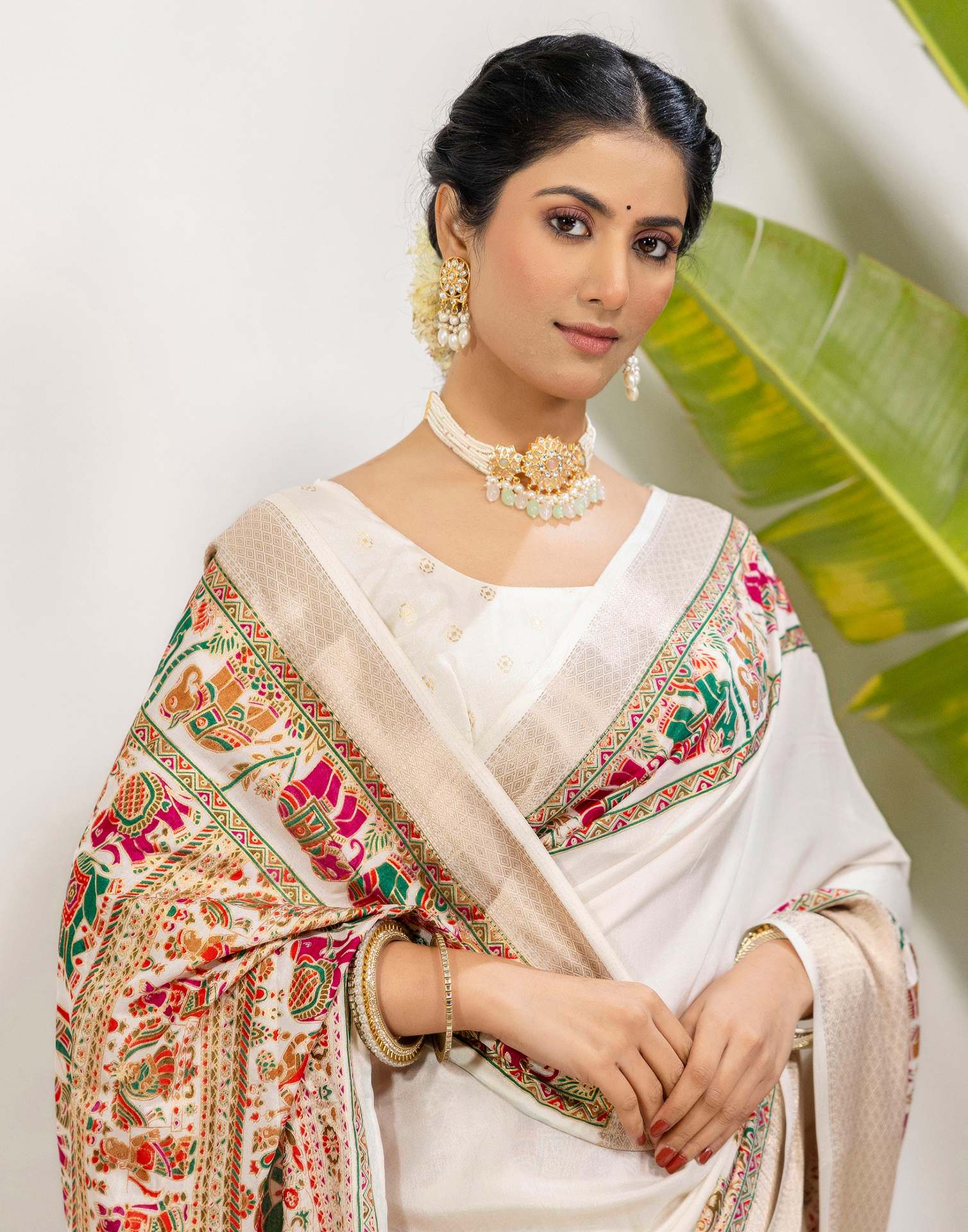 Off White Silk Printed Woven Saree