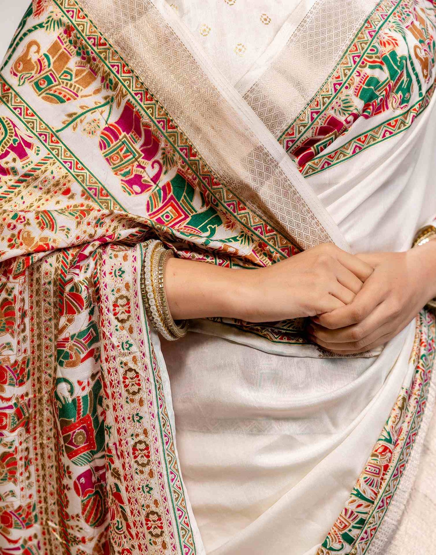Off White Silk Printed Woven Saree