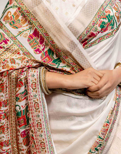 Off White Silk Printed Woven Saree