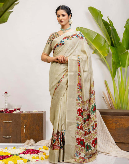 Beige Silk Printed Woven Saree