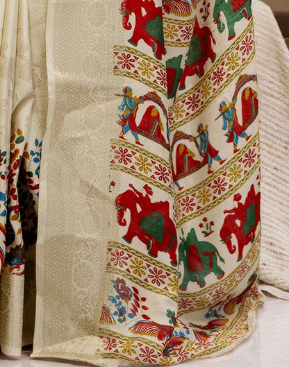 Beige Silk Printed Woven Saree