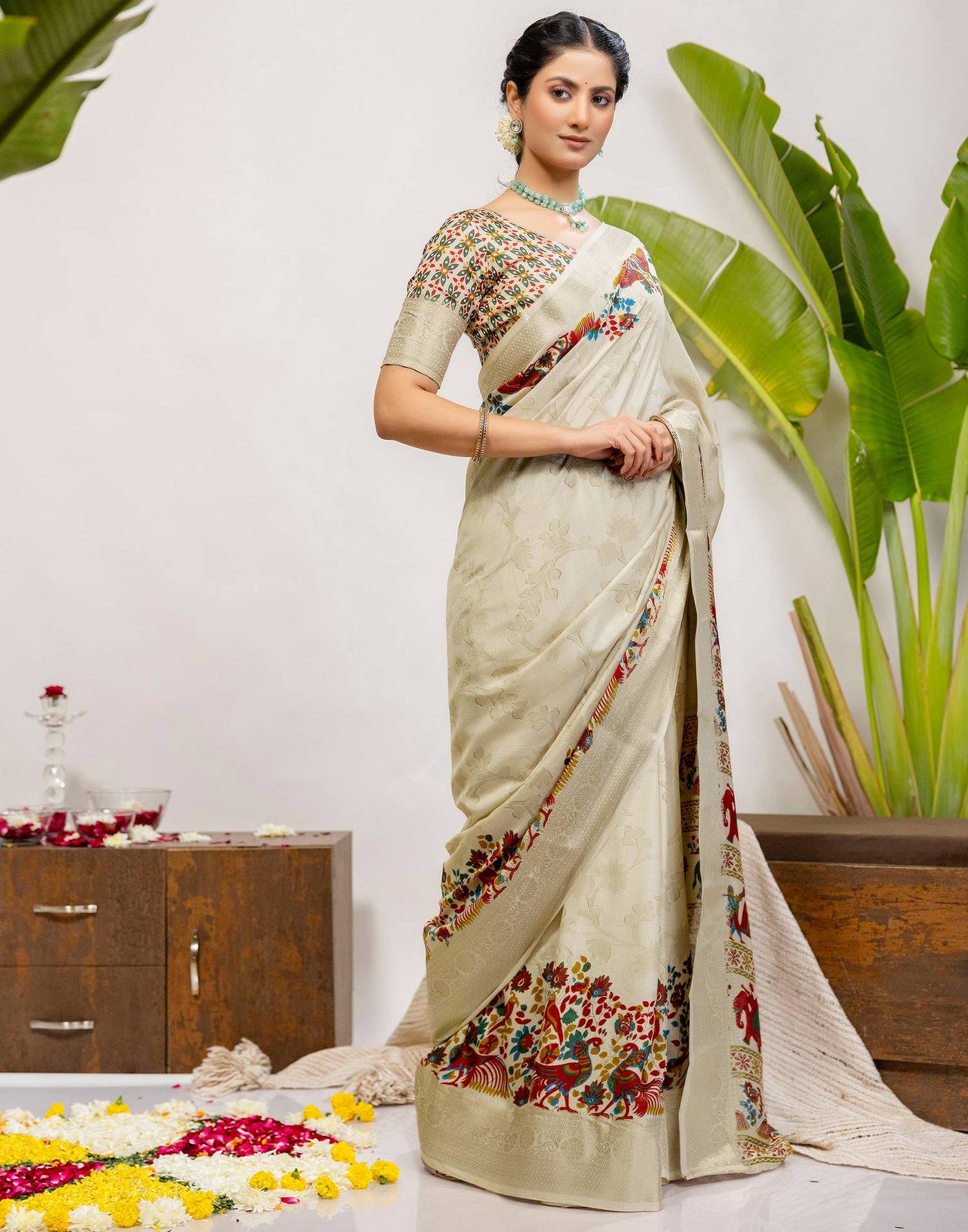 Beige Silk Printed Woven Saree