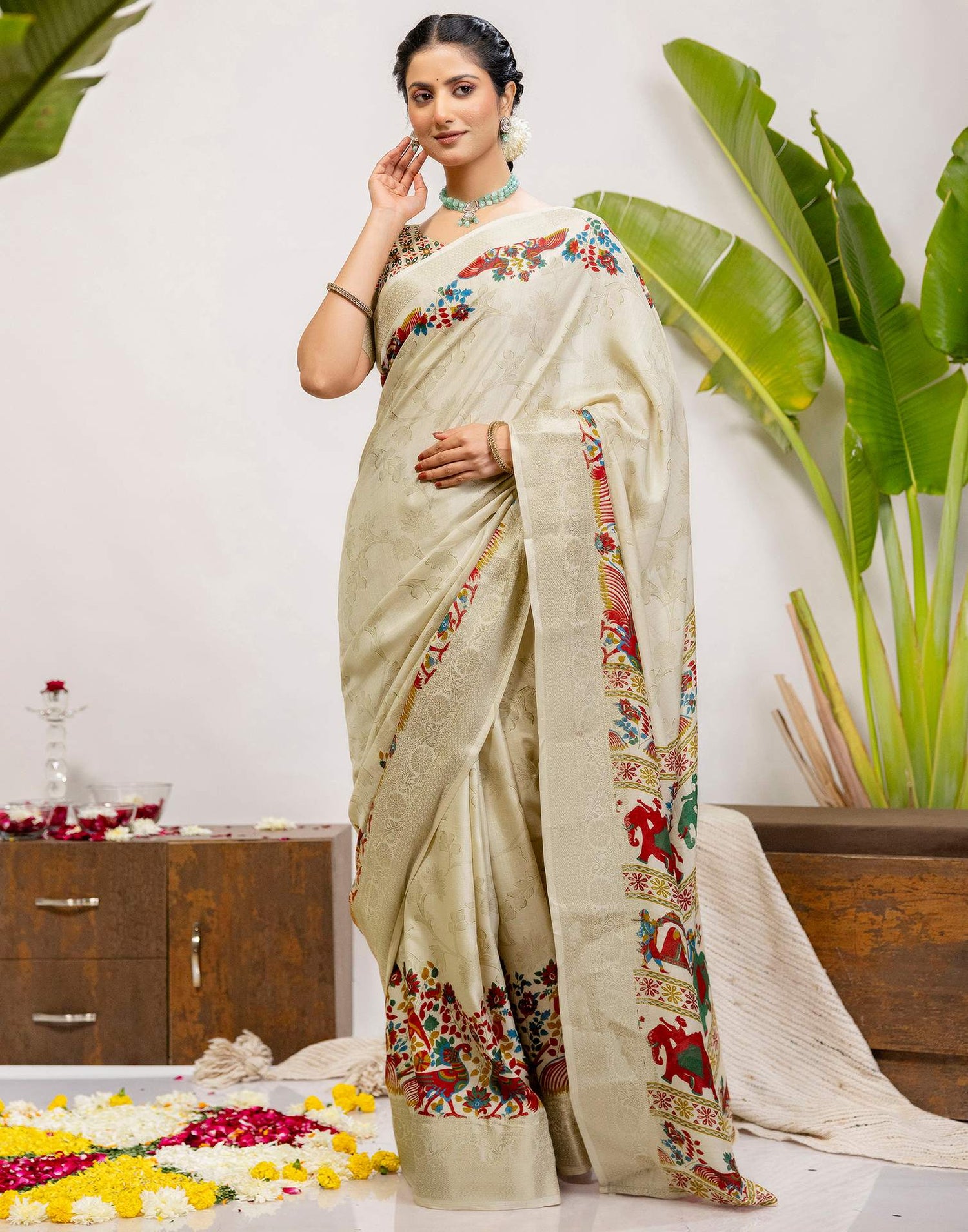 Beige Silk Printed Woven Saree