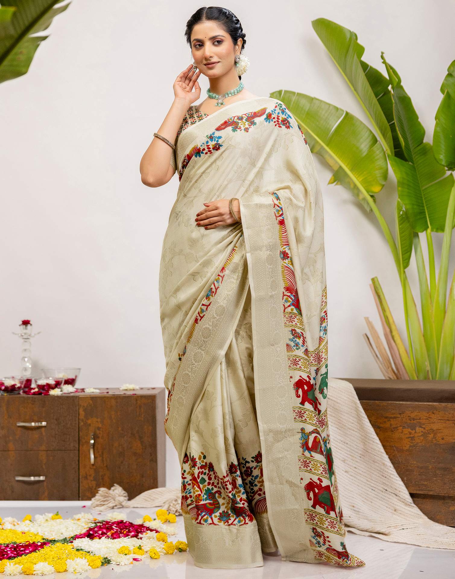 Beige Silk Printed Woven Saree