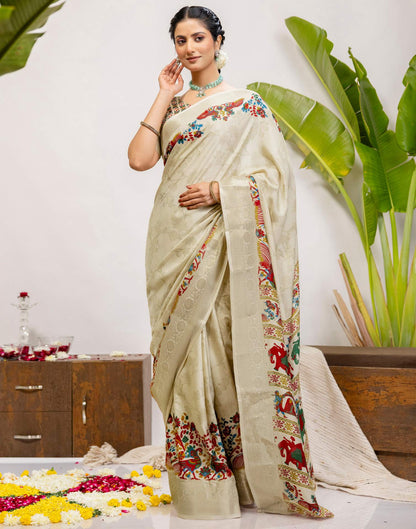 Beige Silk Printed Woven Saree
