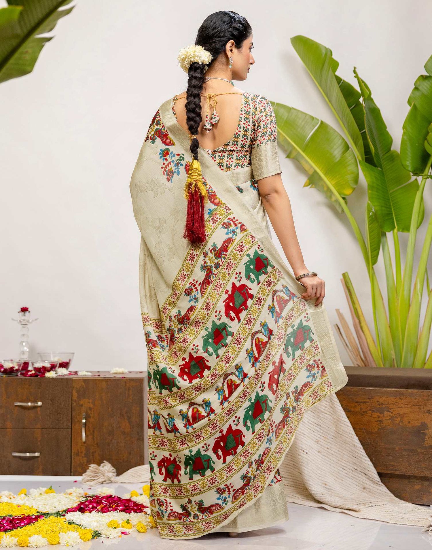 Beige Silk Printed Woven Saree
