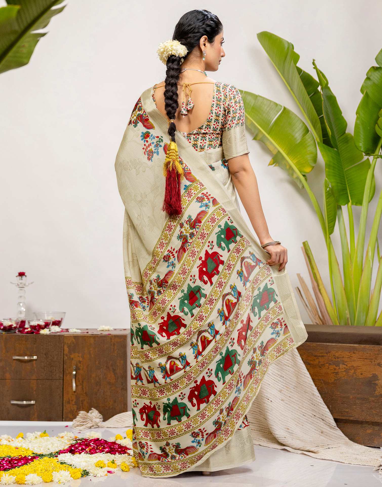 Beige Silk Printed Woven Saree