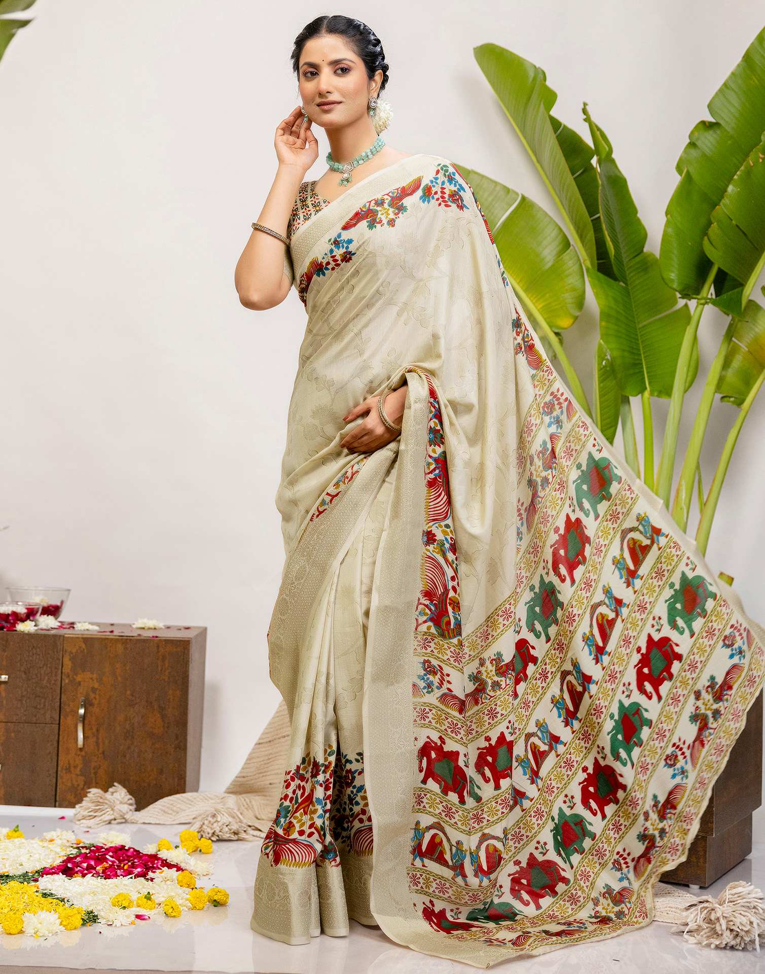 Beige Silk Printed Woven Saree