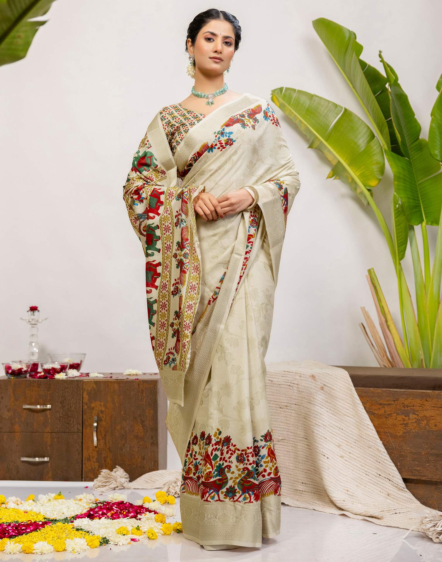 Beige Silk Printed Woven Saree