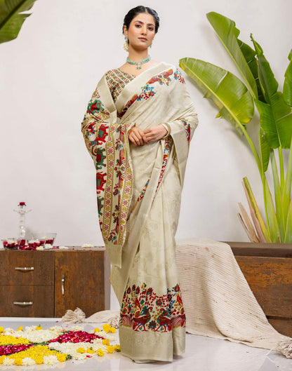Beige Silk Printed Woven Saree