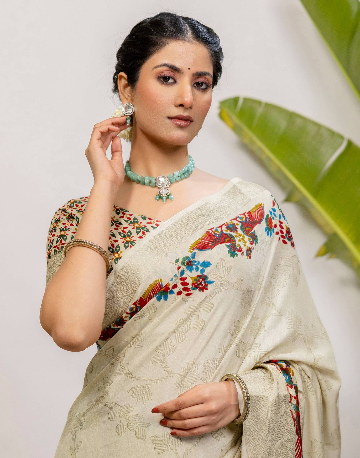 Beige Silk Printed Woven Saree