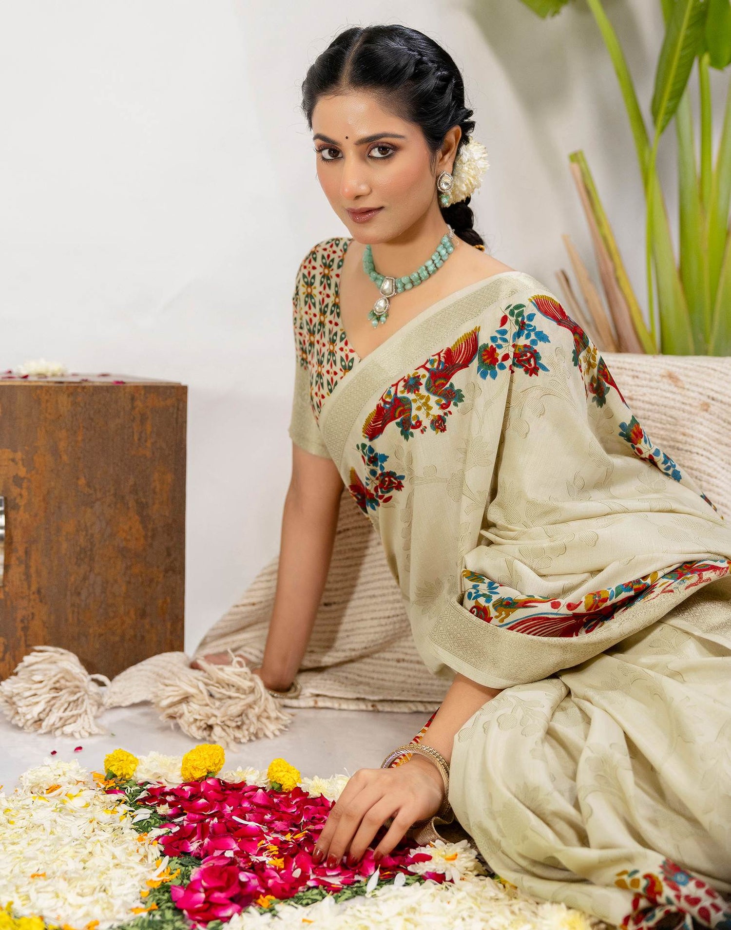 Beige Silk Printed Woven Saree