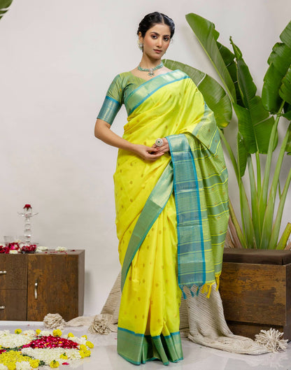 Lime Yellow Silk Woven Kanjivaram Saree