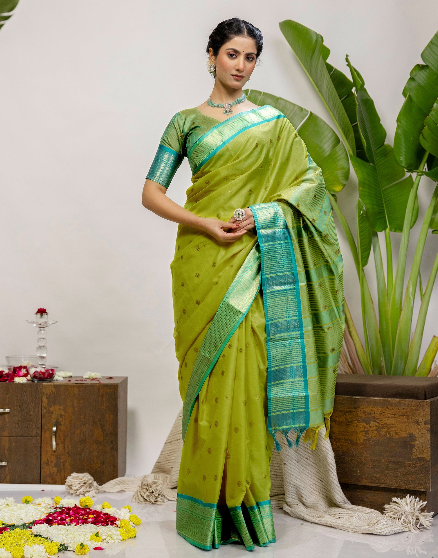 Lime Green Silk Woven Kanjivaram Saree