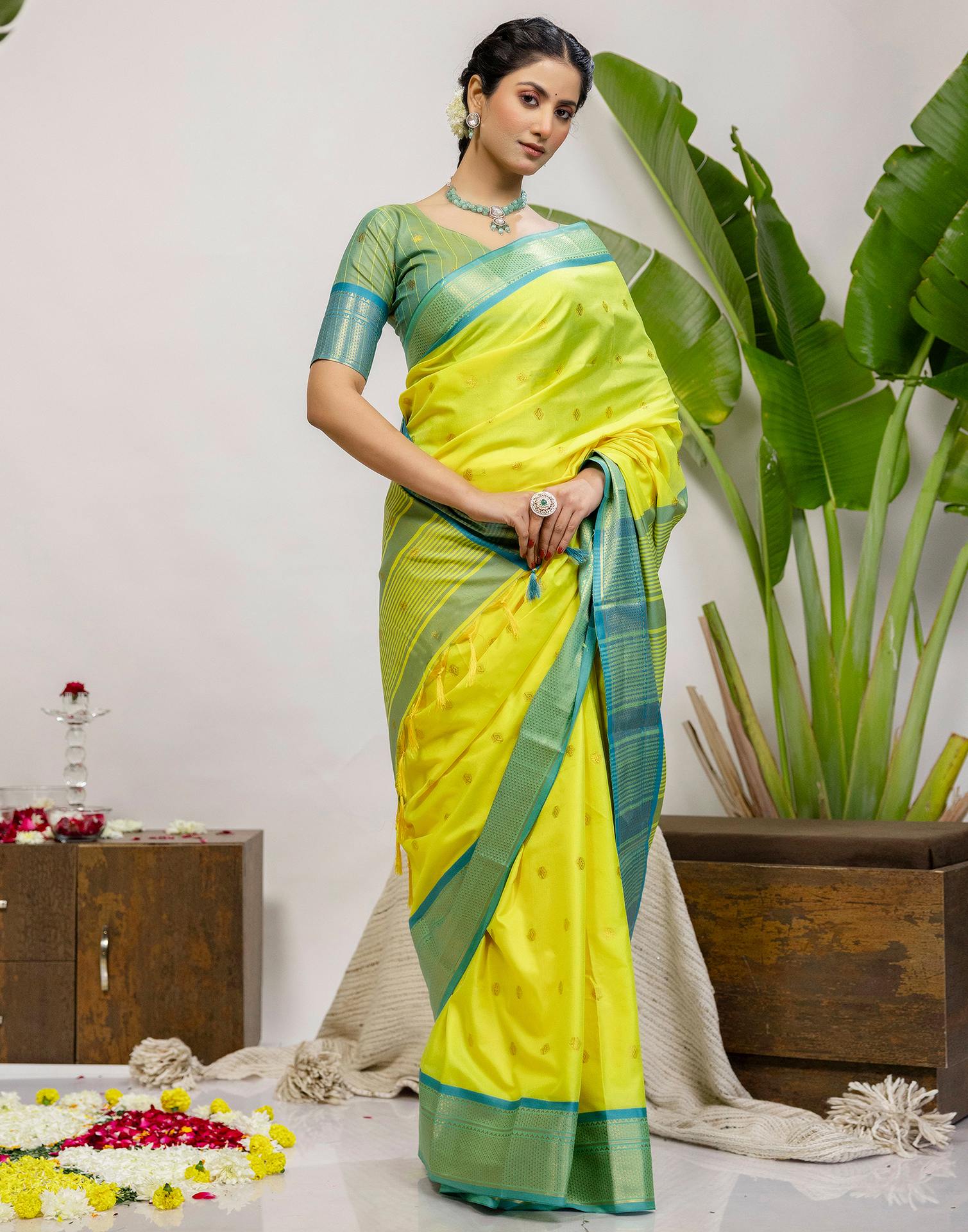 Lime Yellow Silk Woven Kanjivaram Saree