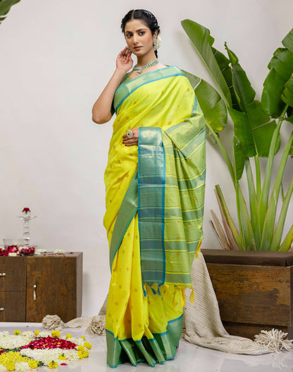 Lime Yellow Silk Woven Kanjivaram Saree
