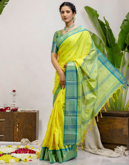 Lime Yellow Silk Woven Kanjivaram Saree