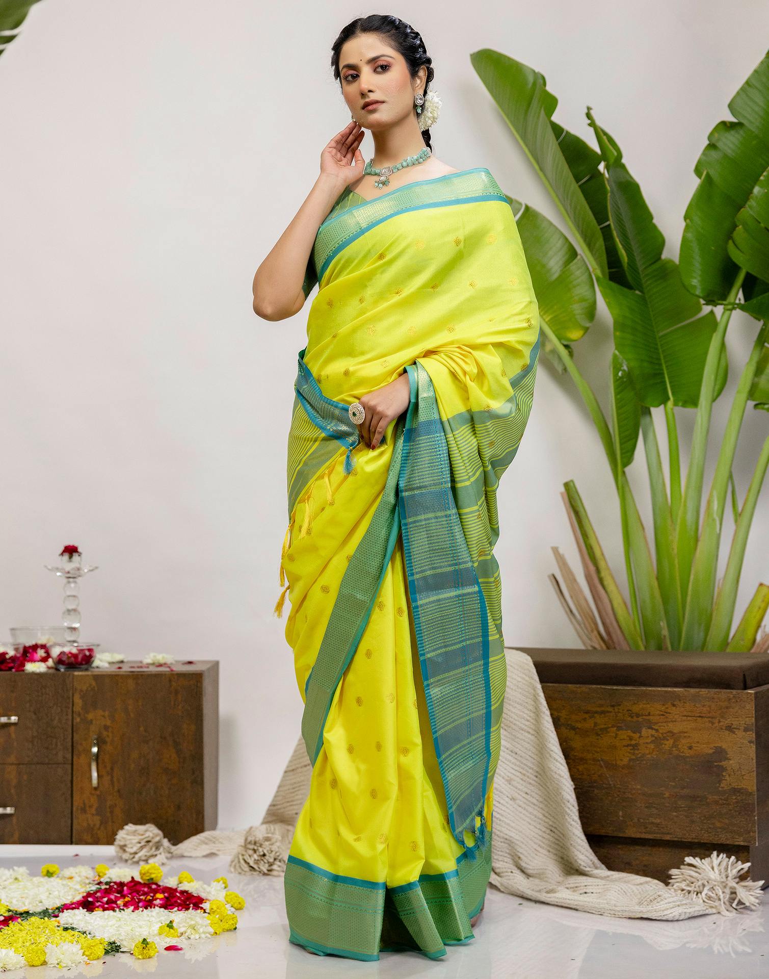 Lime Yellow Silk Woven Kanjivaram Saree