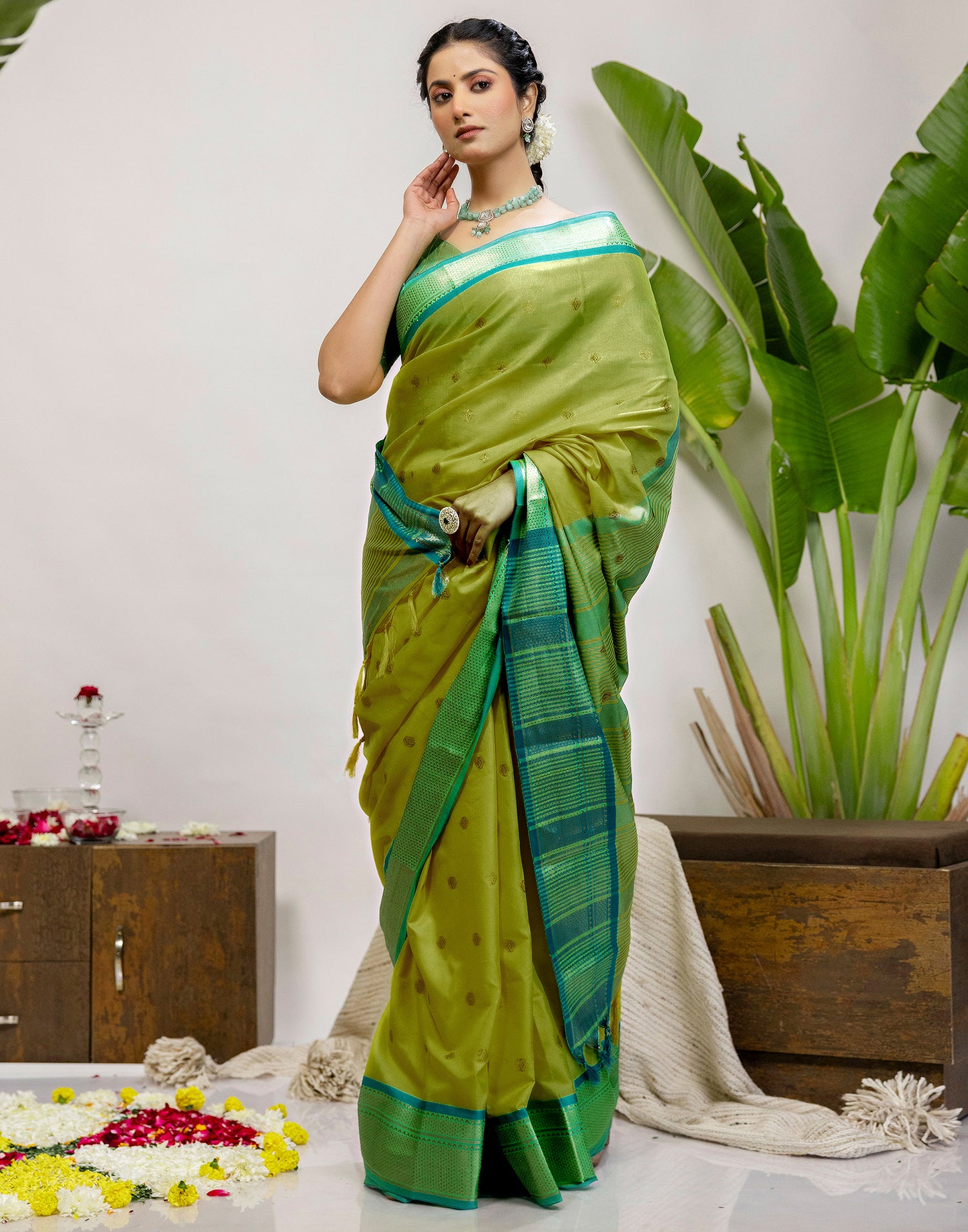 Lime Green Silk Woven Kanjivaram Saree