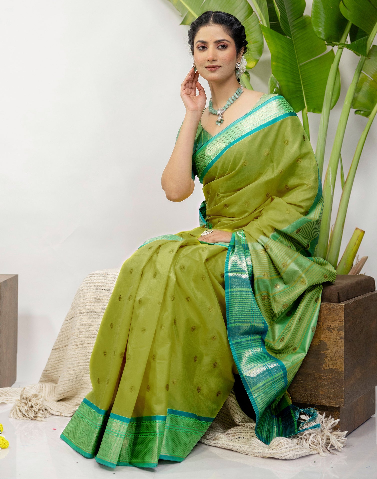 Lime Green Silk Woven Kanjivaram Saree