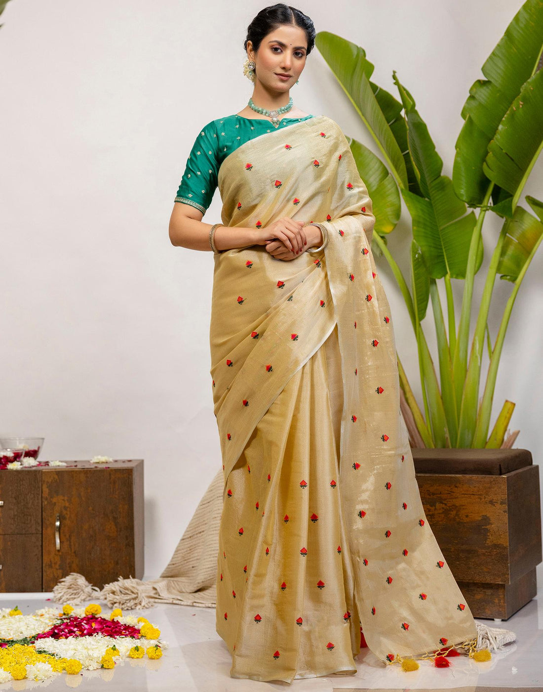 Golden Cotton Silk Embroidery Saree