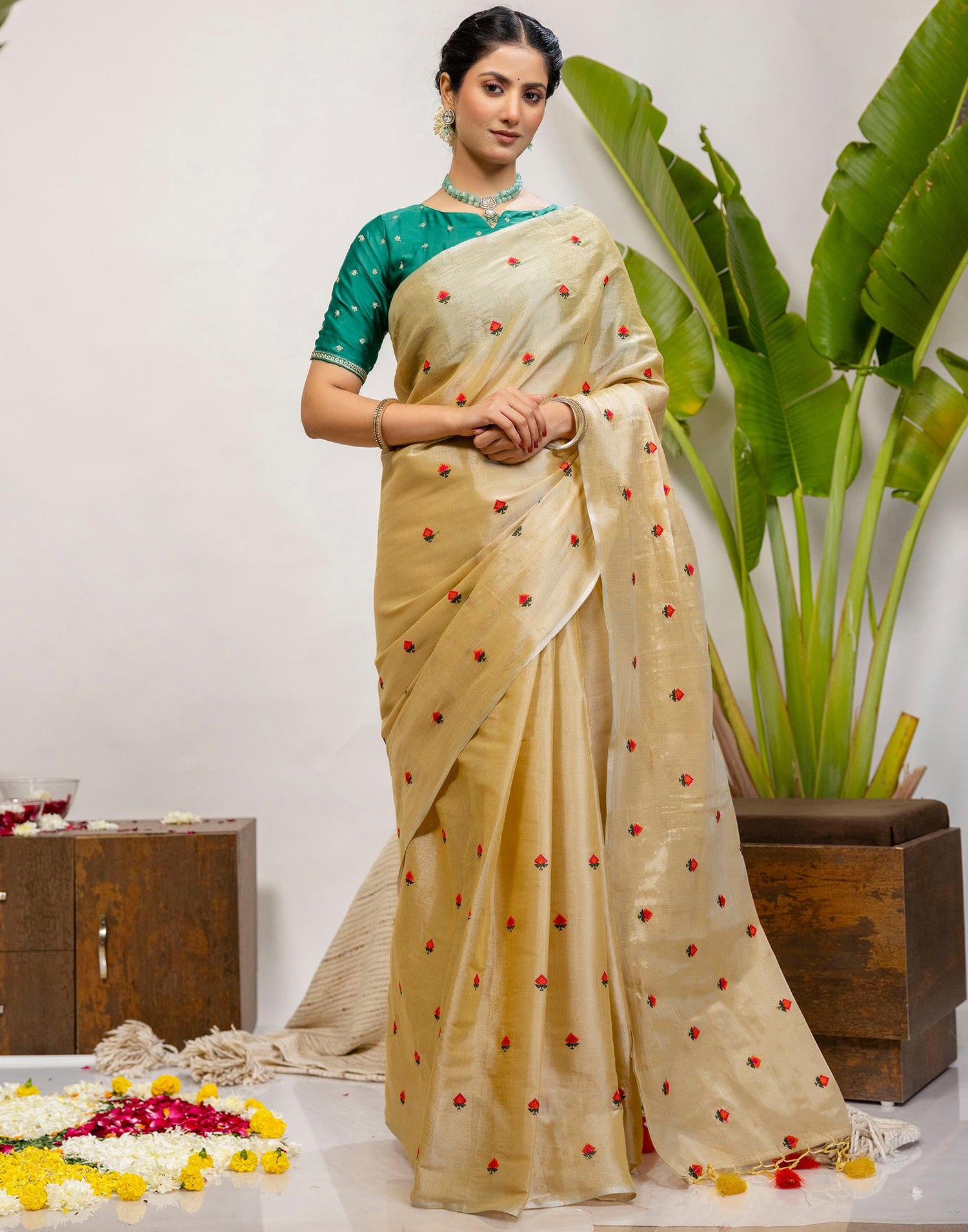 Golden Cotton Silk Embroidery Saree