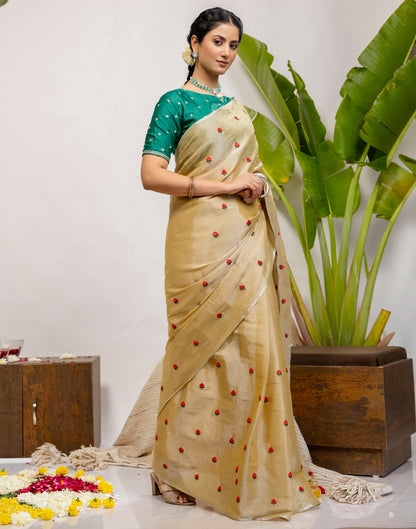 Golden Cotton Silk Embroidery Saree