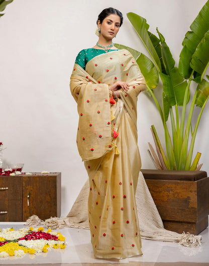 Golden Cotton Silk Embroidery Saree