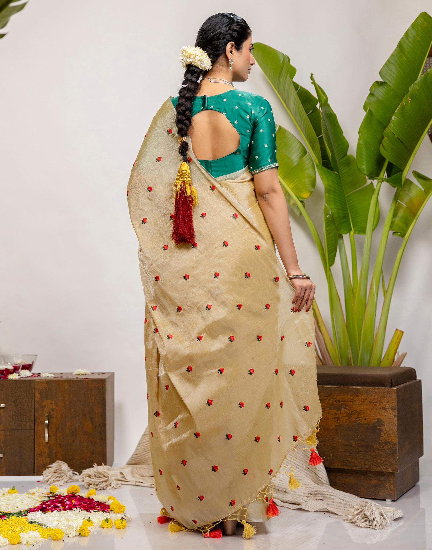Golden Cotton Silk Embroidery Saree