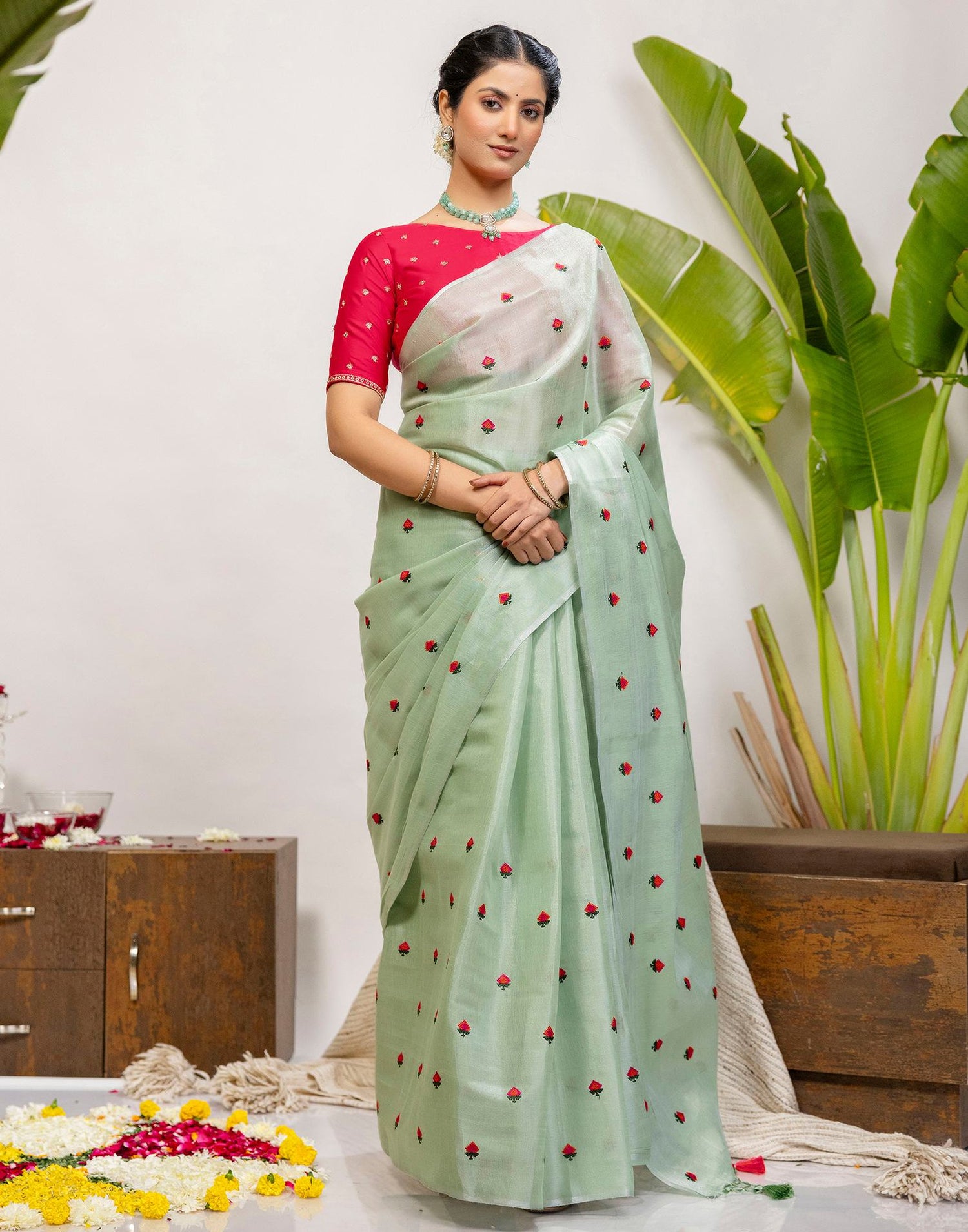 Mint Green Cotton Silk Embroidery Saree