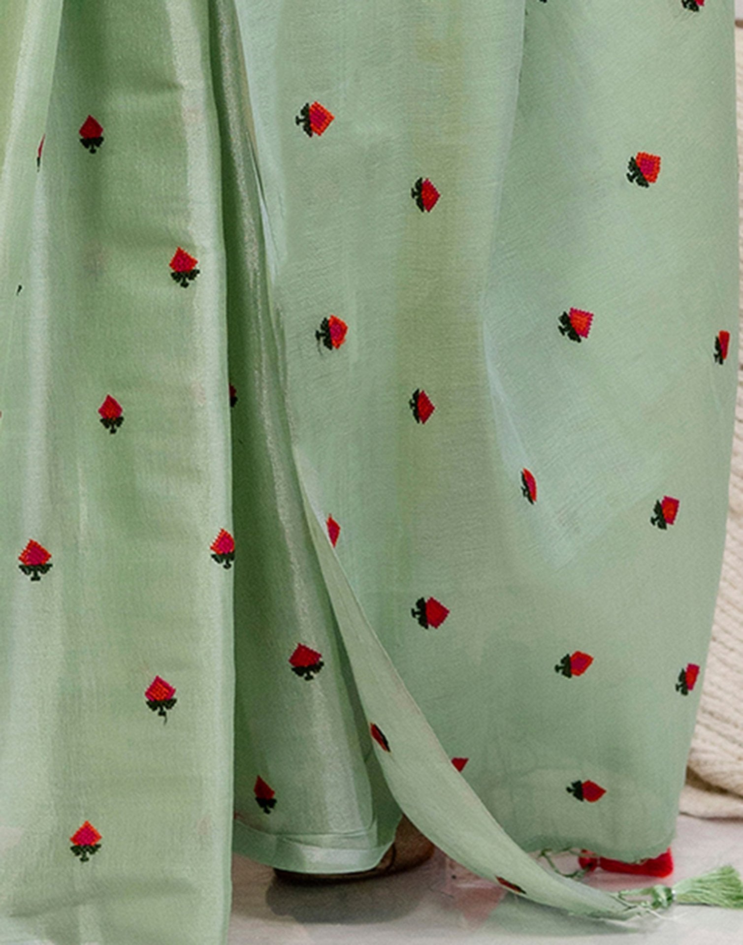 Mint Green Cotton Silk Embroidery Saree