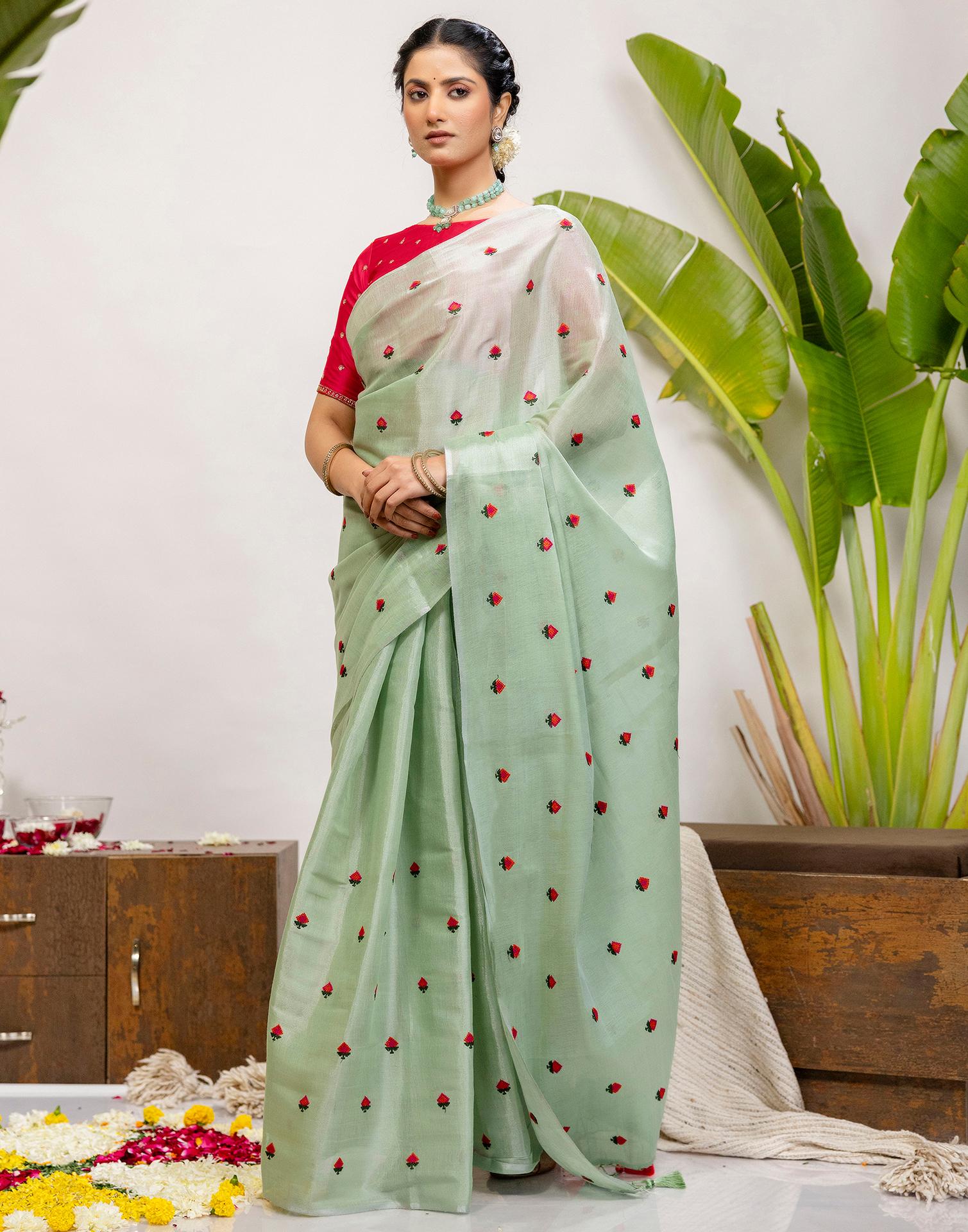 Mint Green Cotton Silk Embroidery Saree