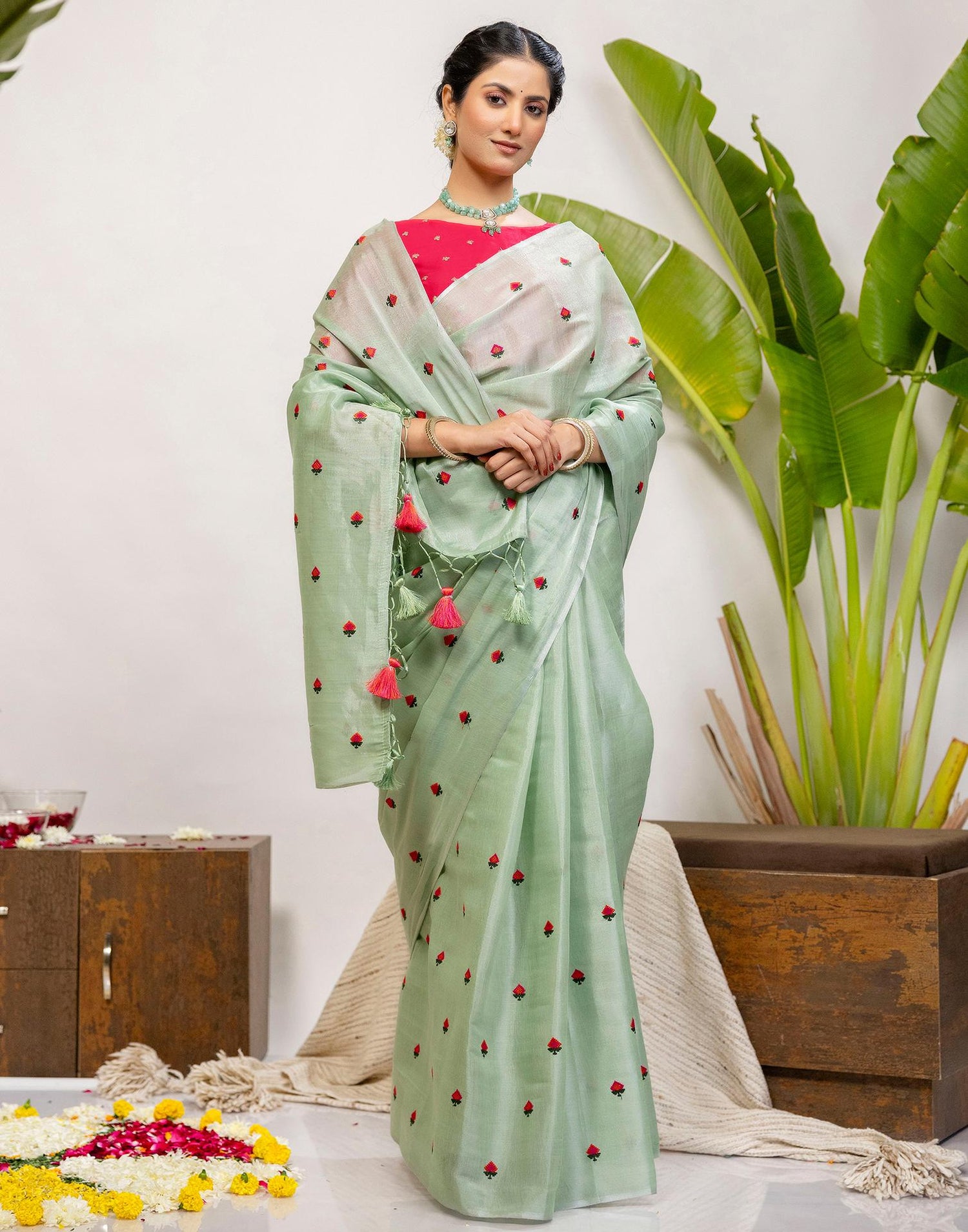 Mint Green Cotton Silk Embroidery Saree