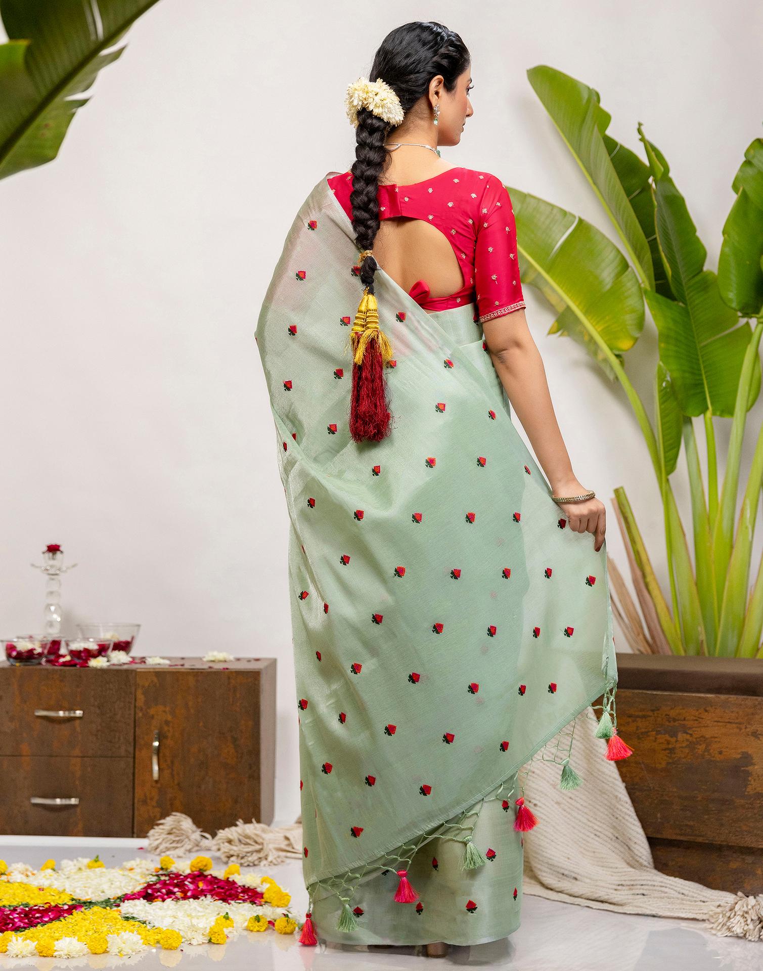 Mint Green Cotton Silk Embroidery Saree