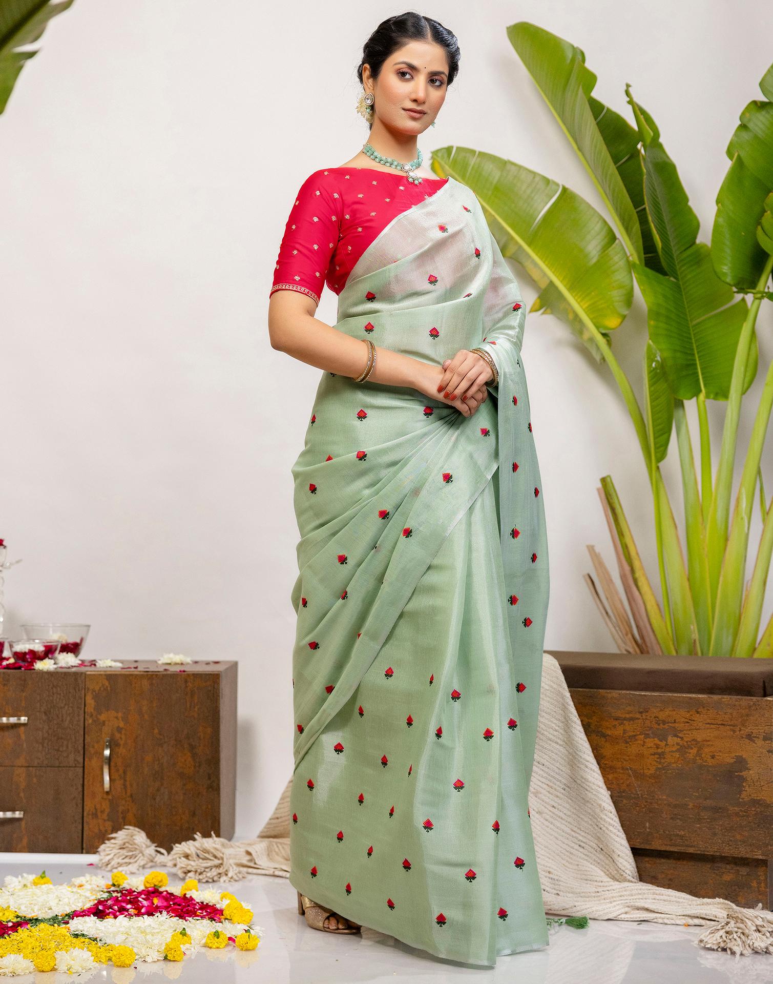 Mint Green Cotton Silk Embroidery Saree